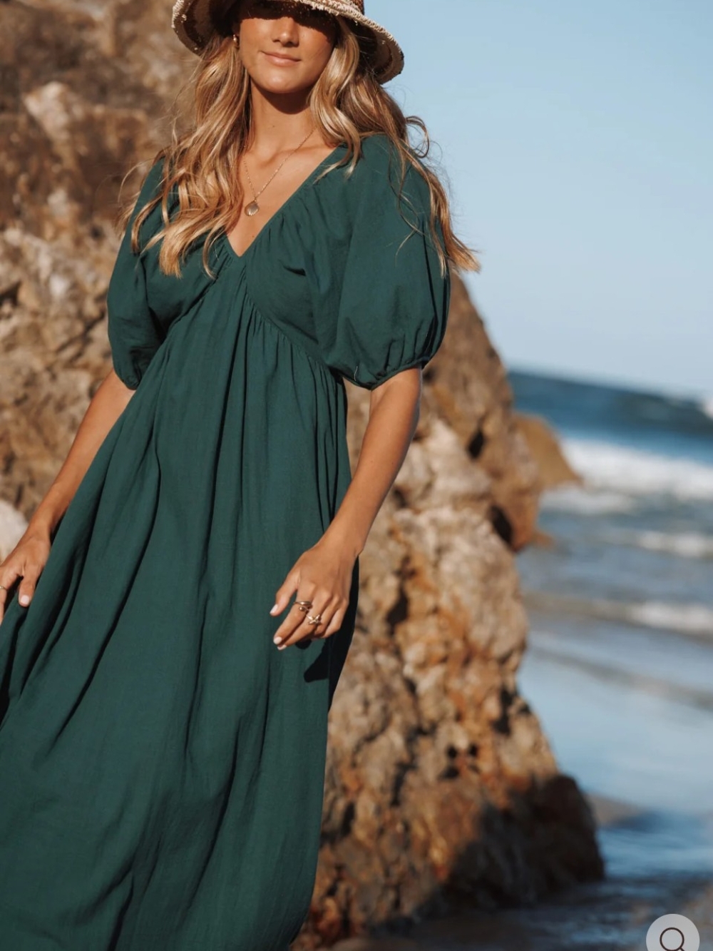 Women’s Deep Green V-Neck Puff Sleeve Maxi Dress